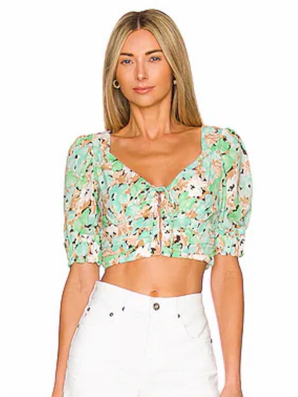Mint Green Floral Tie-Front Crop Blouse